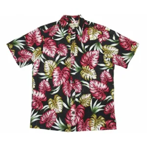 Black Monstera Leaf Hawaiian Shirt | Black and Red