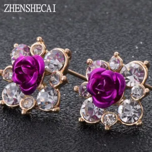 High Quality Rhinestone Flower Crystal Stud Earrings For Women Party Rose Pink Blue Romantic  Boho Fashion Jewelry e0155